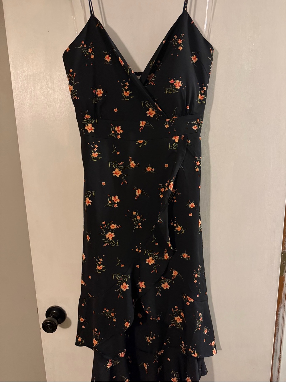 No Boundaries Black Floral Wrap Midi Dress with Orange Blossoms